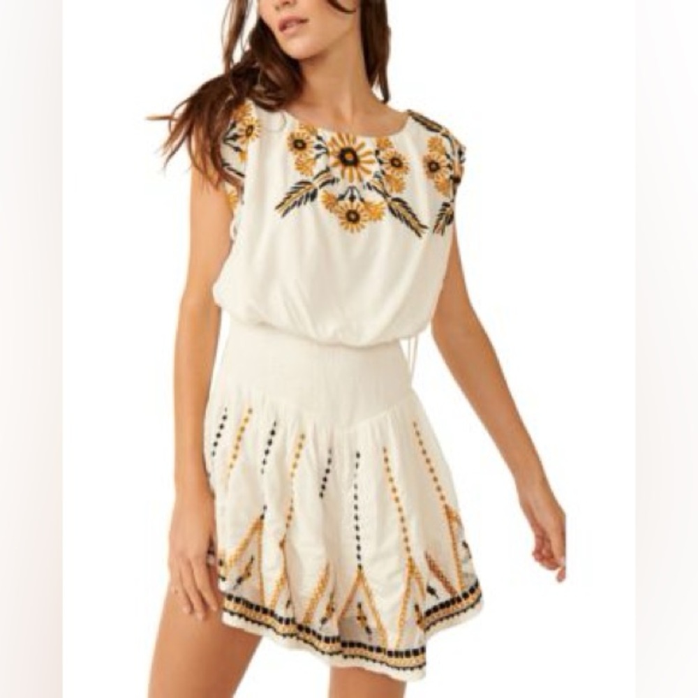 Free People Faded Bloom Embroidered Romper Ivory White Floral Smocked Waist Boho